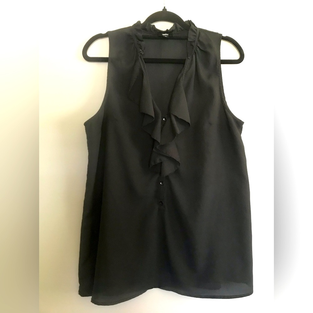 Womens Large Sheer V-neck Ruffled Sleeveless Blouse